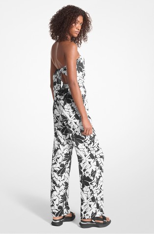 MICHAEL MICHAEL KORS Palm Print Satin Tie-Back Jumpsuit