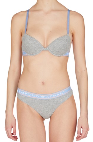 Armani Sustainability Values padded triangle bra in recycled bonded mesh  with all-over lettering