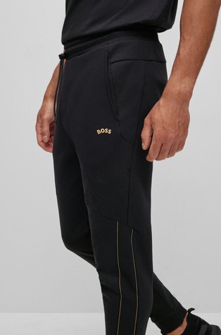 Hugo Boss Cotton-Blend Tracksuit Bottoms with Monogram Pattern- Black | Men's Jogging Pants Size XL